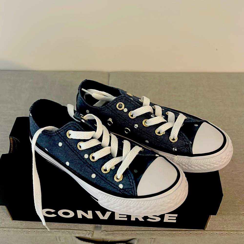 New Kids Converse. Denim with white polka dot.
